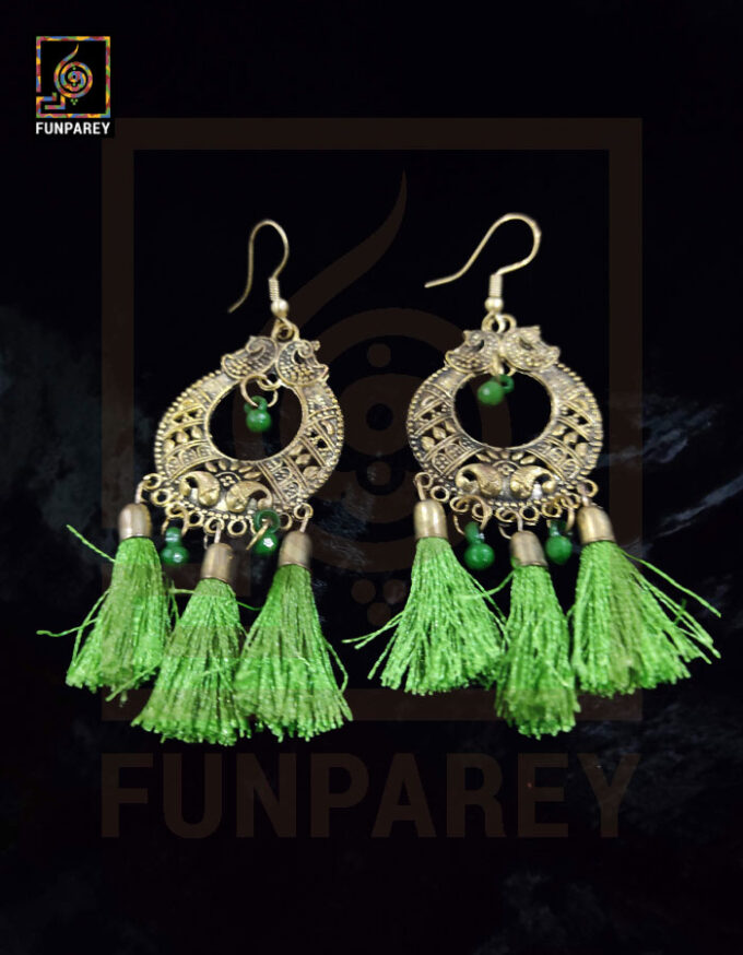 Tribal Oxidized Metal Golden Moon Earrings "Green Tussle" - Image 5