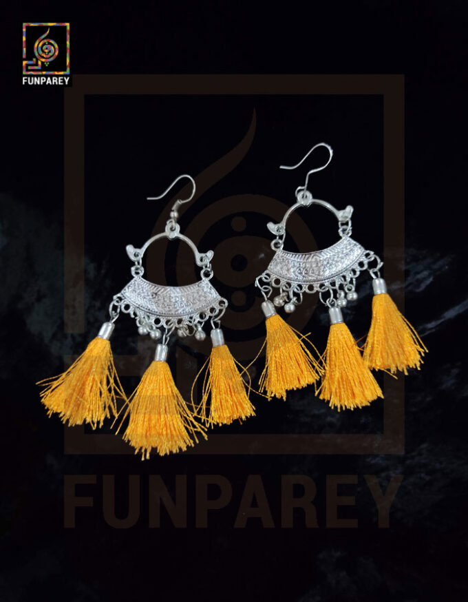 Ethnic Oxidized Metal Arch Earrings "Orange Tussle" - Image 4