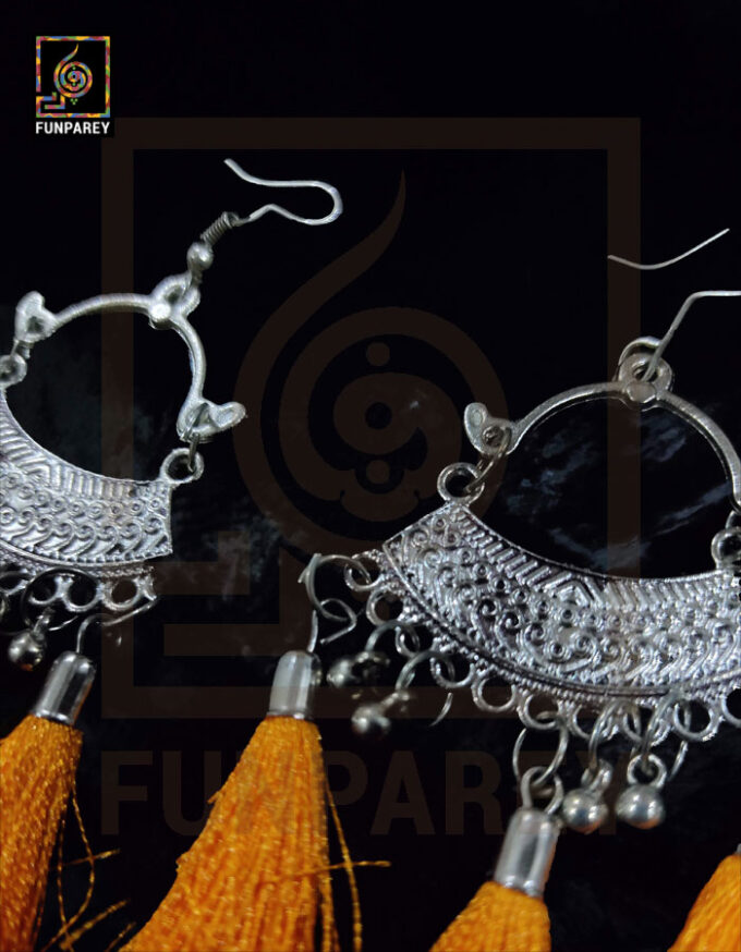 Ethnic Oxidized Metal Arch Earrings "Orange Tussle" - Image 3
