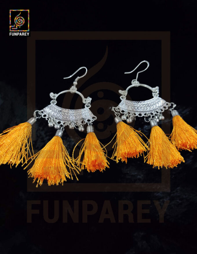 Ethnic Oxidized Metal Arch Earrings "Orange Tussle" - Image 5
