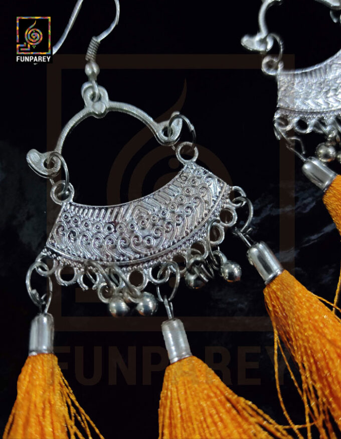 Ethnic Oxidized Metal Arch Earrings "Orange Tussle" - Image 2