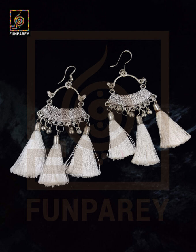 Ethnic Oxidized Metal Arch Earrings "White Tussle" - Image 5