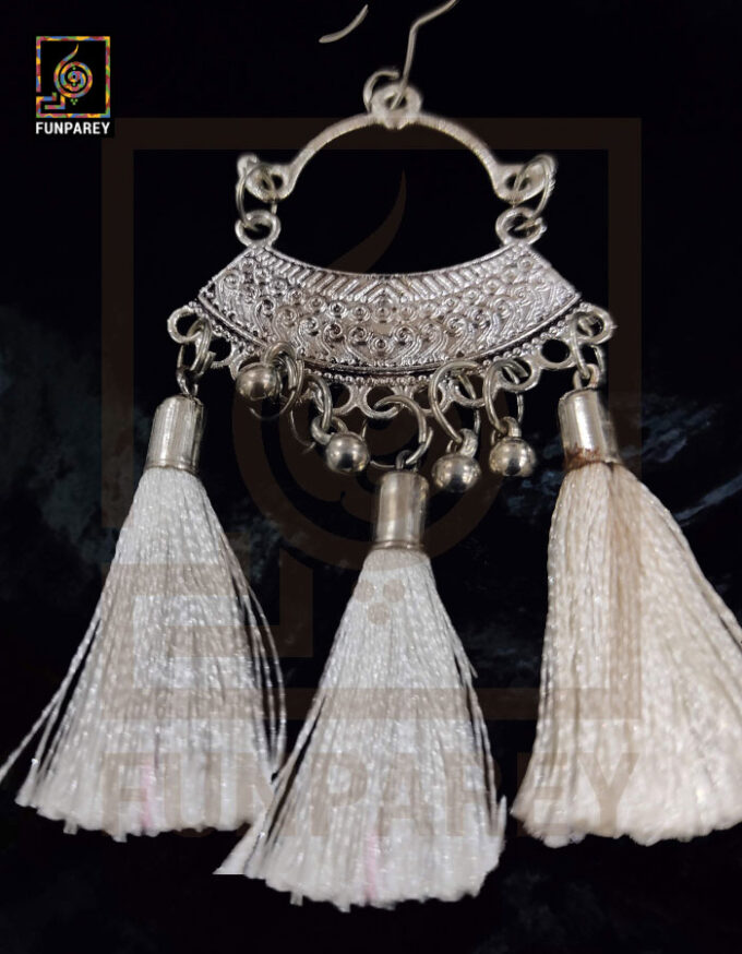Ethnic Oxidized Metal Arch Earrings "White Tussle" - Image 4