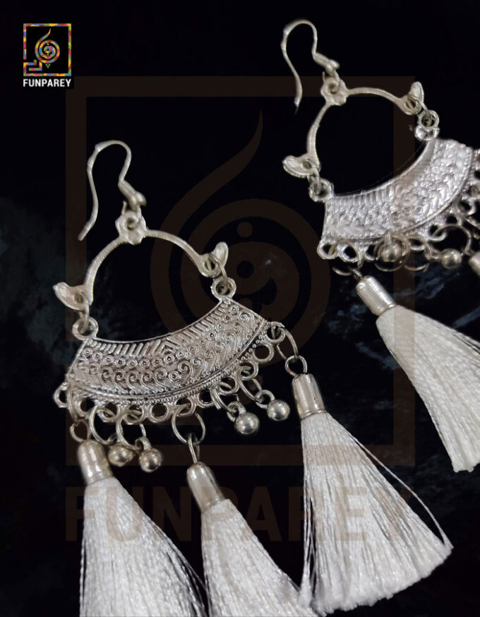 Ethnic Oxidized Metal Arch Earrings "White Tussle" - Image 3