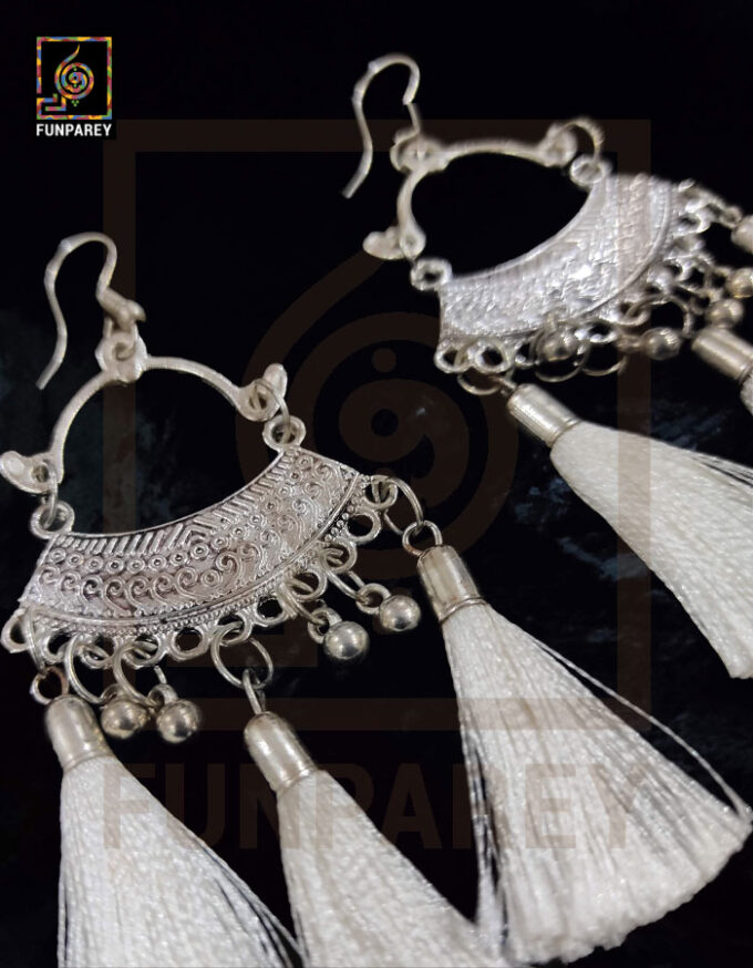 Ethnic Oxidized Metal Arch Earrings "White Tussle" - Image 2