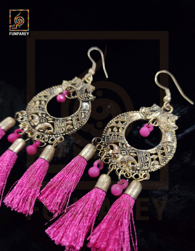 Tribal Oxidized Metal Golden Moon Earrings "Pink Tussle" - Image 2