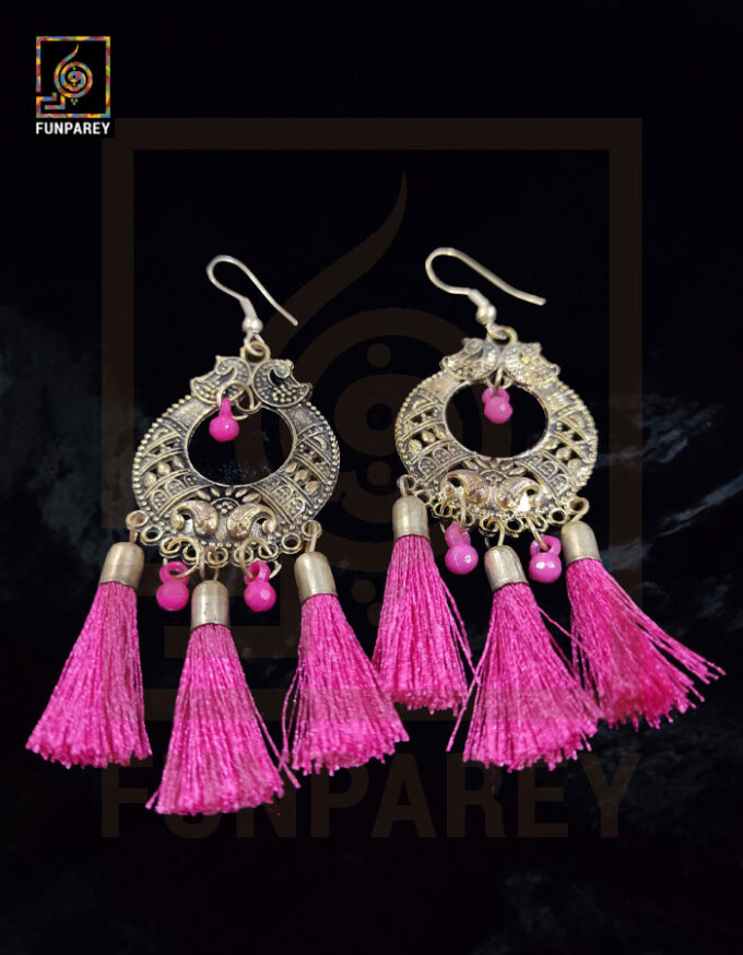 Tribal Oxidized Metal Golden Moon Earrings "Pink Tussle" - Image 3