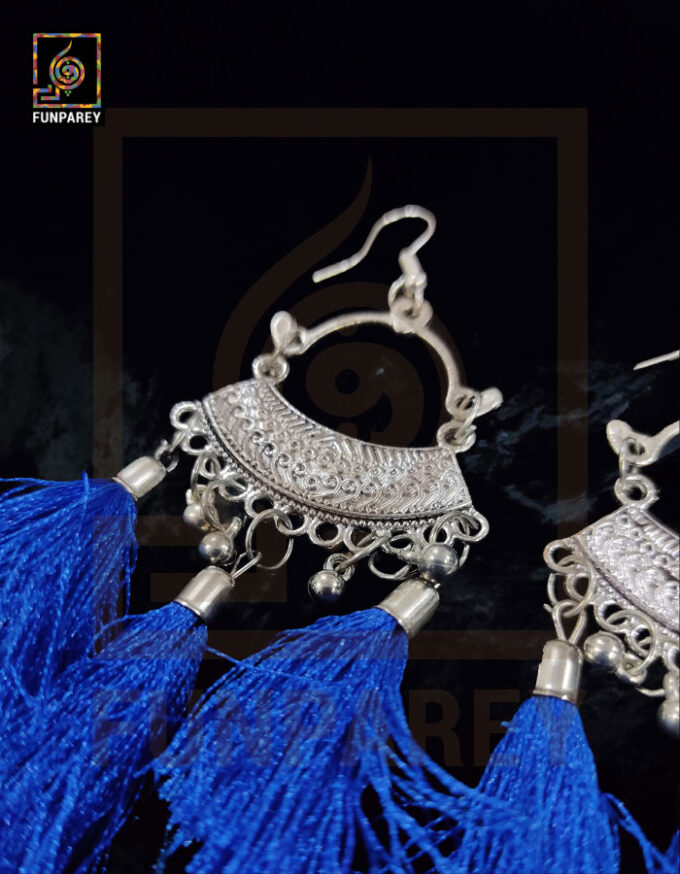 Ethnic Oxidized Metal Arch Earrings "Blue Tussle" - Image 3