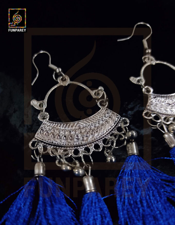 Ethnic Oxidized Metal Arch Earrings "Blue Tussle" - Image 2