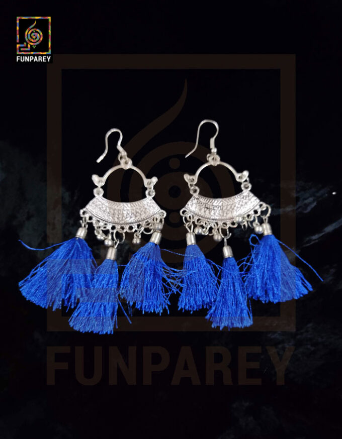 Ethnic Oxidized Metal Arch Earrings "Blue Tussle" - Image 5