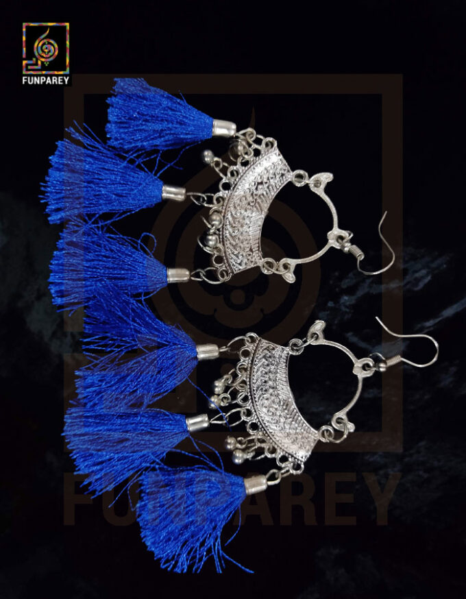 Ethnic Oxidized Metal Arch Earrings "Blue Tussle" - Image 6