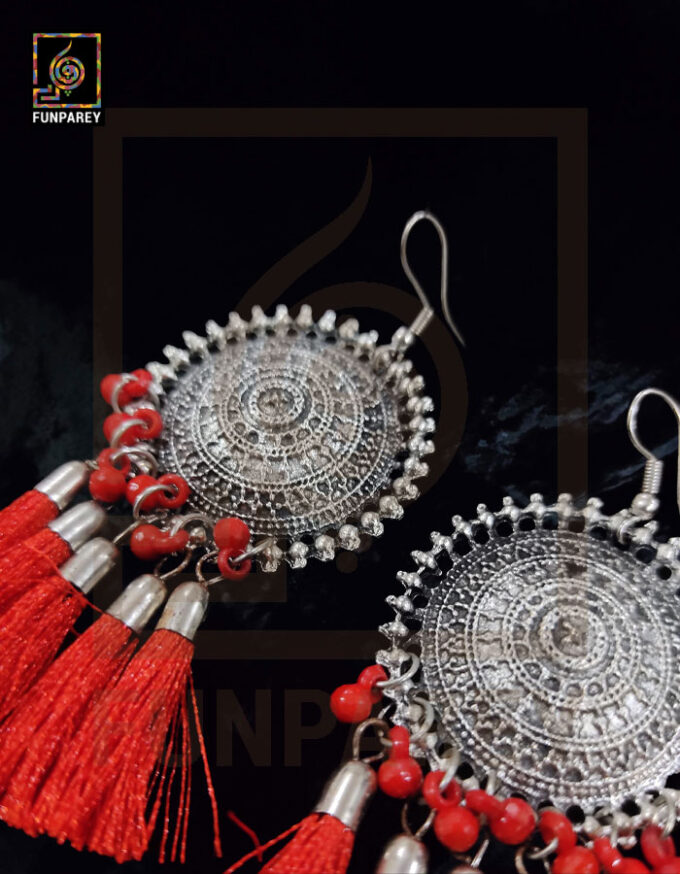 Oxidized Metal Round Antique Earrings "Red Tussle" - Image 2