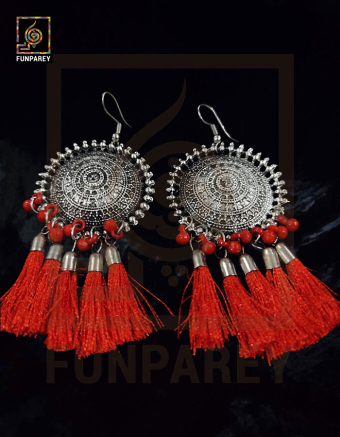 Oxidized Metal Round Antique Earrings "Red Tussle" - Image 4