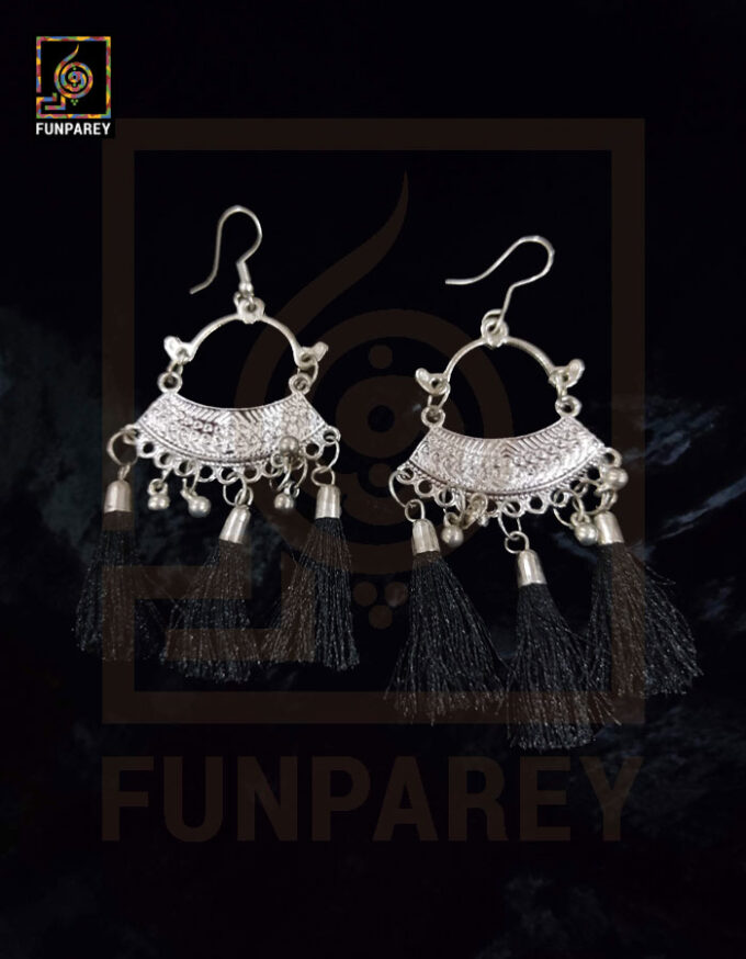 Ethnic Oxidized Metal Arch Earrings "Black Tussle" - Image 4