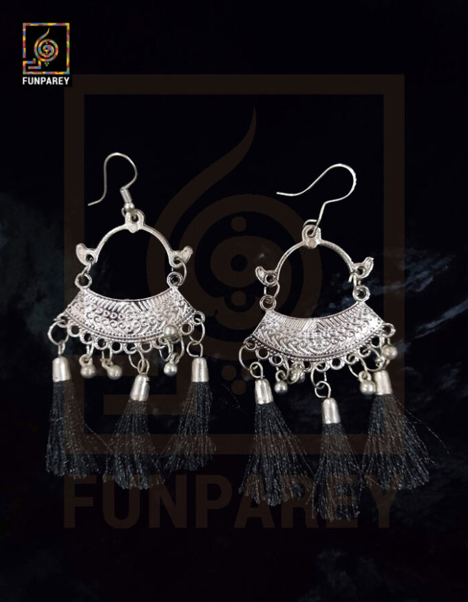 Ethnic Oxidized Metal Arch Earrings "Black Tussle" - Image 5