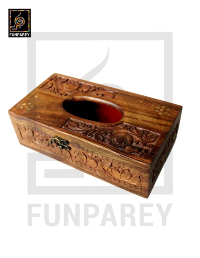 Handmade Distinct Wooden Tissue Box with Brass and Carving Works
