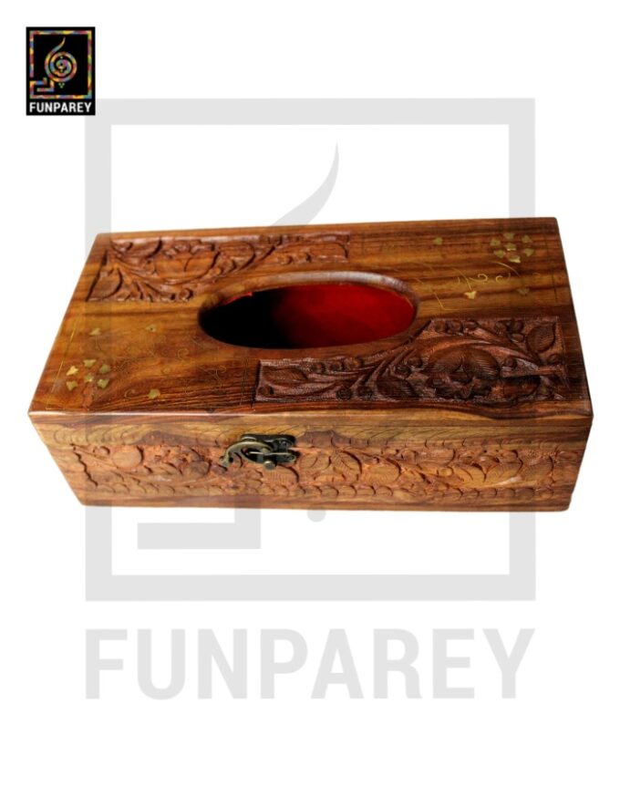 Handmade Distinct Wooden Tissue Box with Brass and Carving Works - Image 5