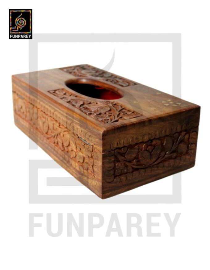Handmade Distinct Wooden Tissue Box with Brass and Carving Works - Image 2