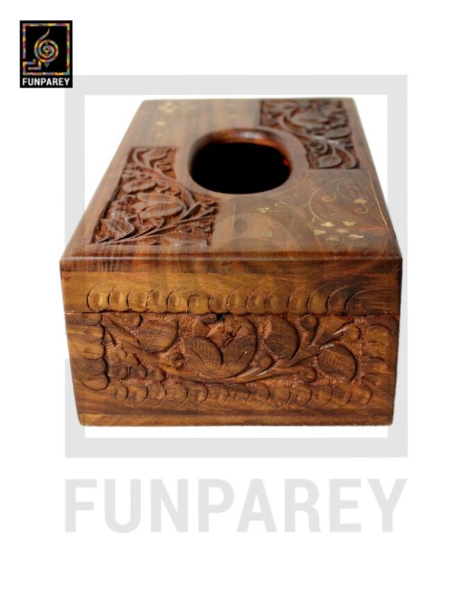Handmade Distinct Wooden Tissue Box with Brass and Carving Works - Image 7