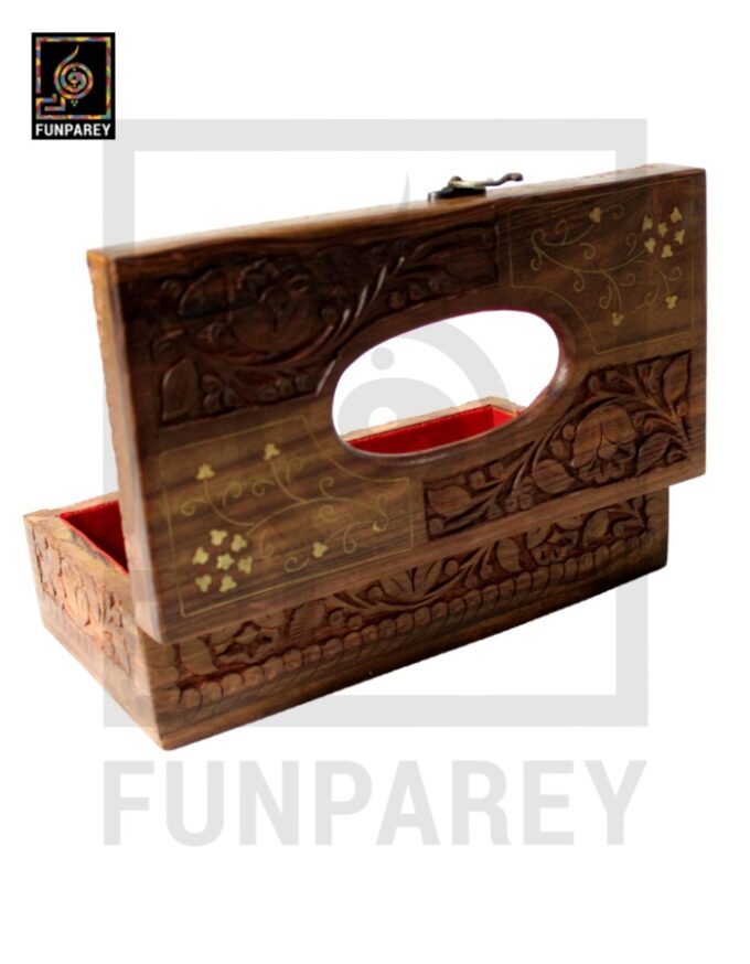 Handmade Distinct Wooden Tissue Box with Brass and Carving Works - Image 10