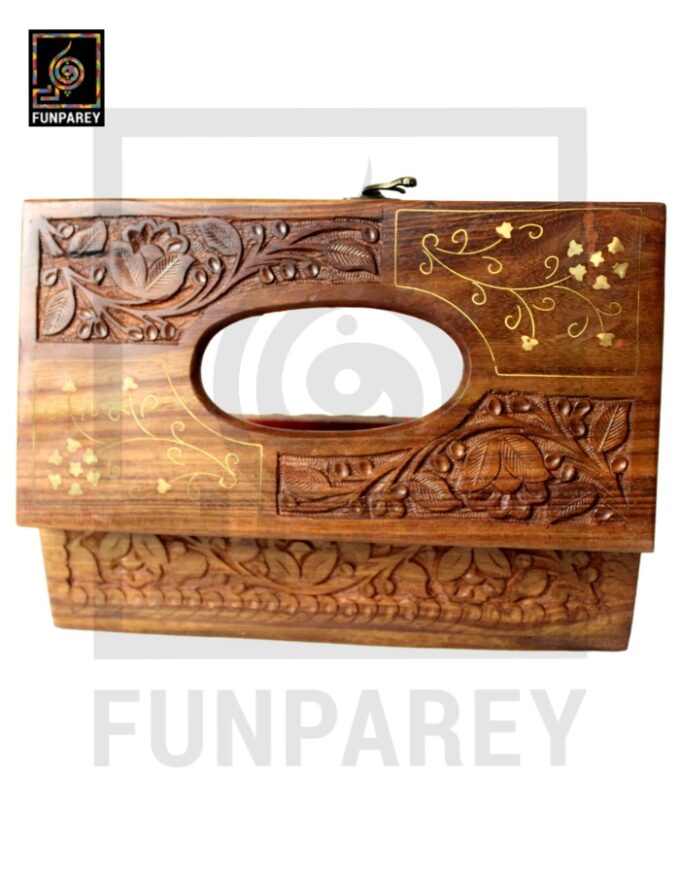 Handmade Distinct Wooden Tissue Box with Brass and Carving Works - Image 11