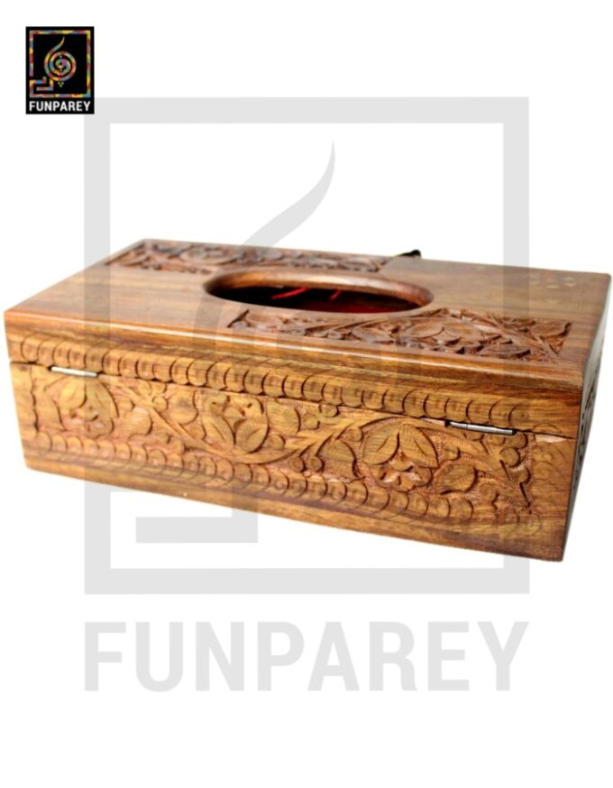 Handmade Distinct Wooden Tissue Box with Brass and Carving Works - Image 3