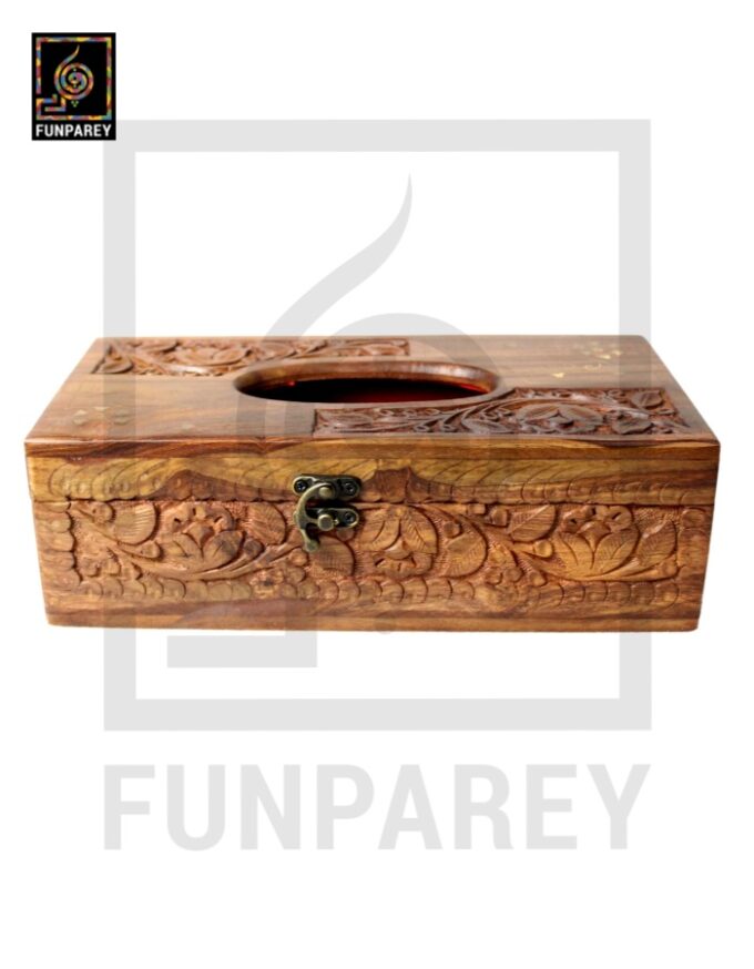 Handmade Distinct Wooden Tissue Box with Brass and Carving Works - Image 6