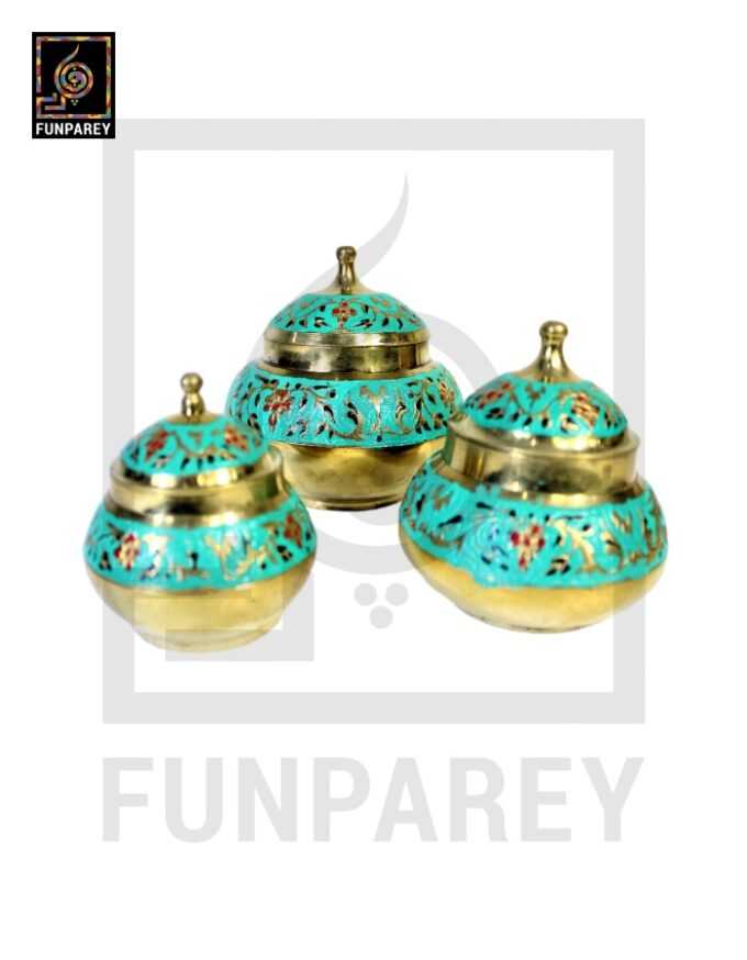 Antique Brass Colorful Candy Bowl Set with Etched Motif - Green
