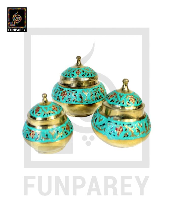Antique Brass Colorful Candy Bowl Set with Etched Motif - Green - Image 14