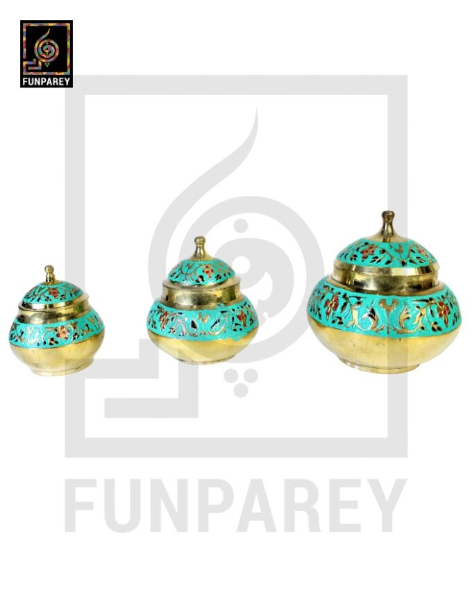 Antique Brass Colorful Candy Bowl Set with Etched Motif - Green - Image 9