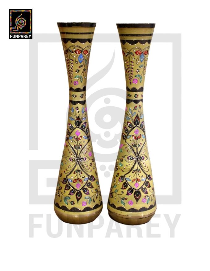 Premium Hourglass Brass Vase Pair with Slick Golden Motif Work 16"