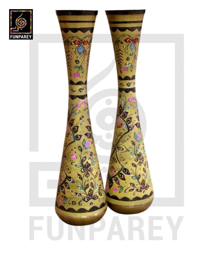 Premium Hourglass Brass Vase Pair with Slick Golden Motif Work 16" - Image 3
