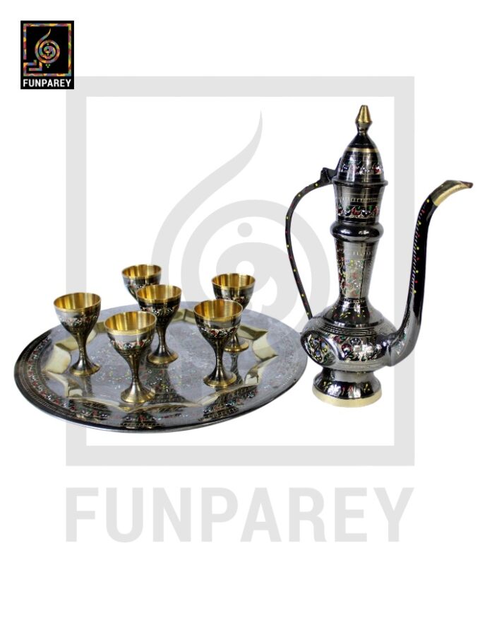 Antique 10" Brass Pitcher Set with Chalices - Image 2