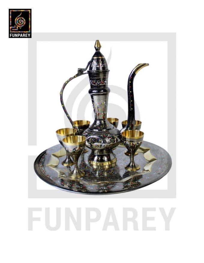 Antique 10" Brass Pitcher Set with Chalices - Image 6