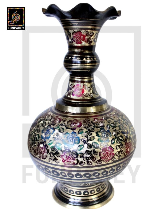 Handmade Long Throat Brass Vases 16" (Pair) with Bordered Design - Image 3