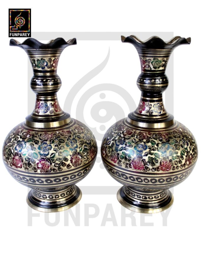 Handmade Long Throat Brass Vases 16" (Pair) with Bordered Design - Image 4