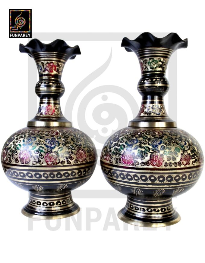 Handmade Long Throat Brass Vases 16" (Pair) with Bordered Design