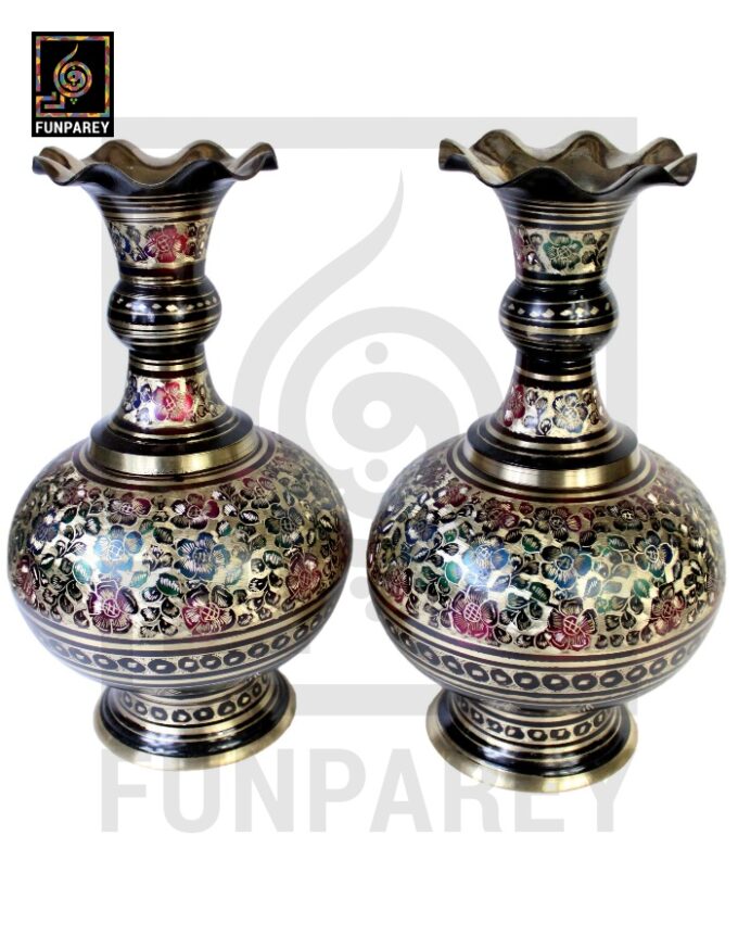 Handmade Long Throat Brass Vases 16" (Pair) with Bordered Design - Image 9
