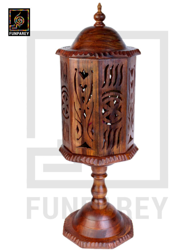 Hand Carved Wooden Cutwork Lamp Octagon Large With Stand - Image 8