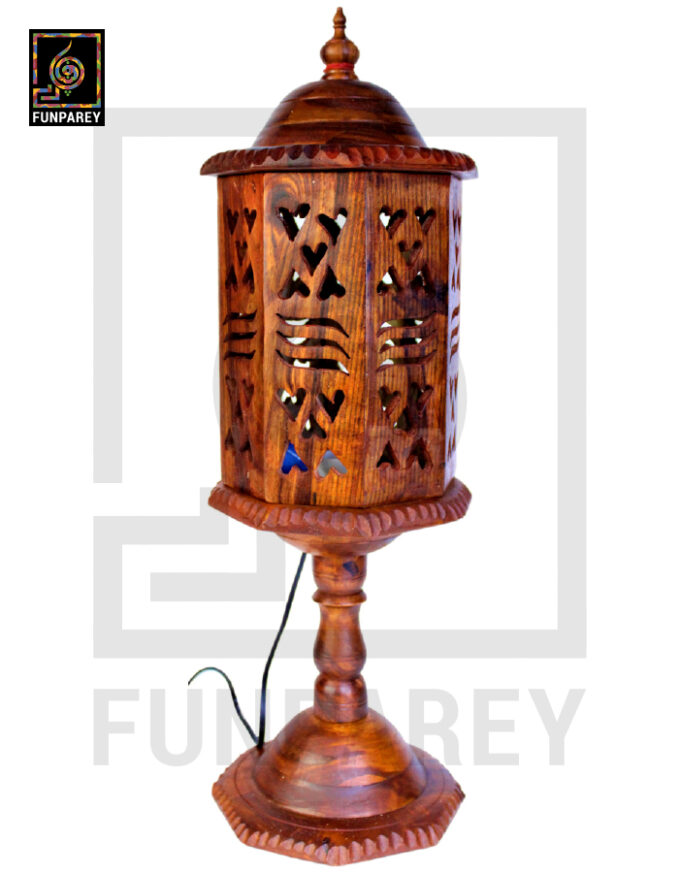 Hand Carved Wooden Cutwork Lamp Octagon Large With Stand - Image 9