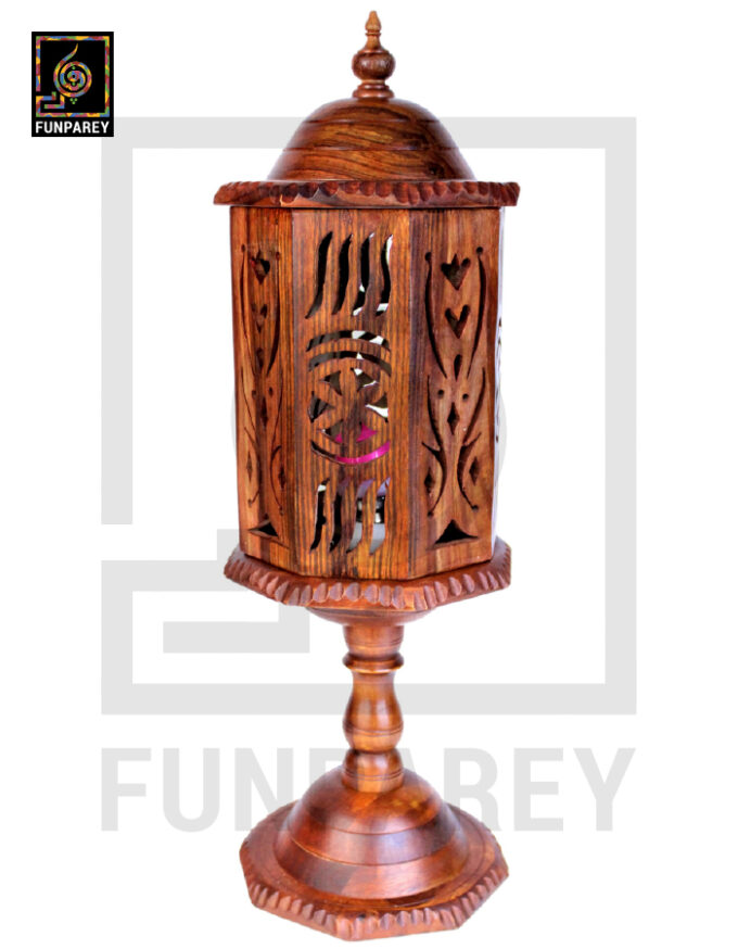 Hand Carved Wooden Cutwork Lamp Octagon Large With Stand - Image 10