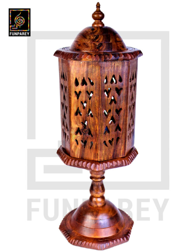 Hand Carved Wooden Cutwork Lamp Octagon Large With Stand - Image 11