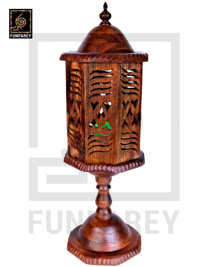 Hand Carved Wooden Cutwork Lamp Octagon Large With Stand - Image 12