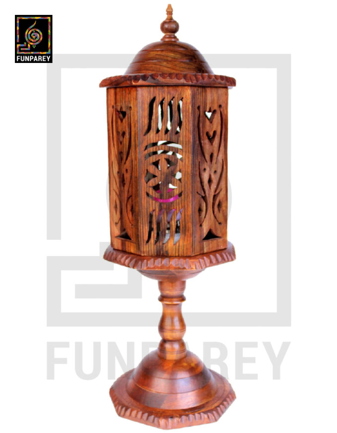 Hand Carved Wooden Cutwork Lamp Octagon Large With Stand - Image 4