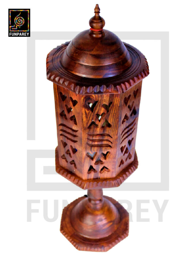 Hand Carved Wooden Cutwork Lamp Octagon Large With Stand - Image 2