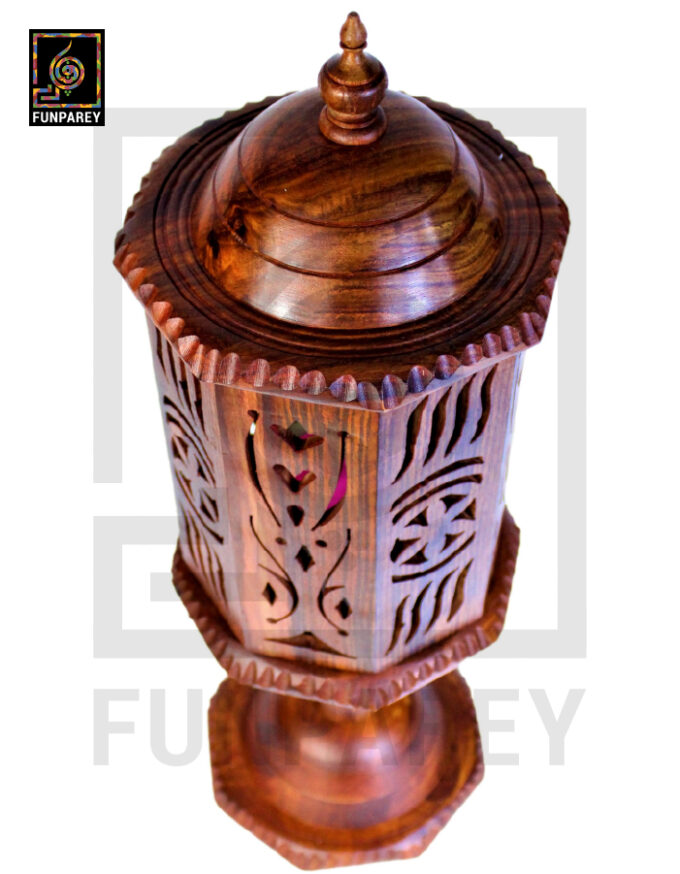 Hand Carved Wooden Cutwork Lamp Octagon Large With Stand - Image 3