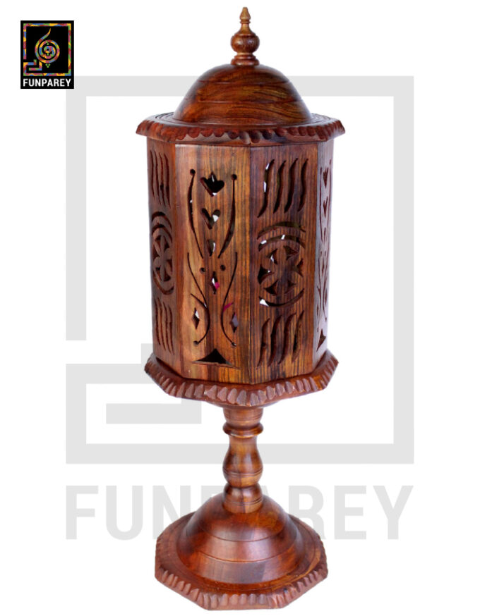 Hand Carved Wooden Cutwork Lamp Octagon Large With Stand - Image 6