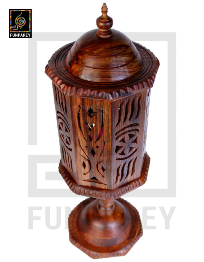 Hand Carved Wooden Cutwork Lamp Octagon Large With Stand - Image 5