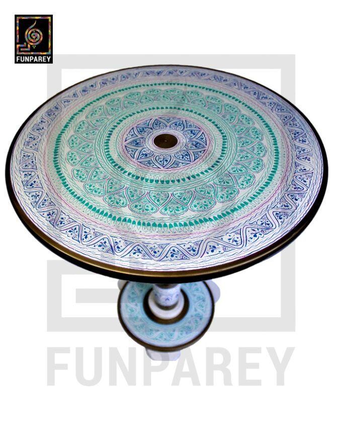 Handmade Wooden Table with White Naqshi Art Jungle Green - Image 2