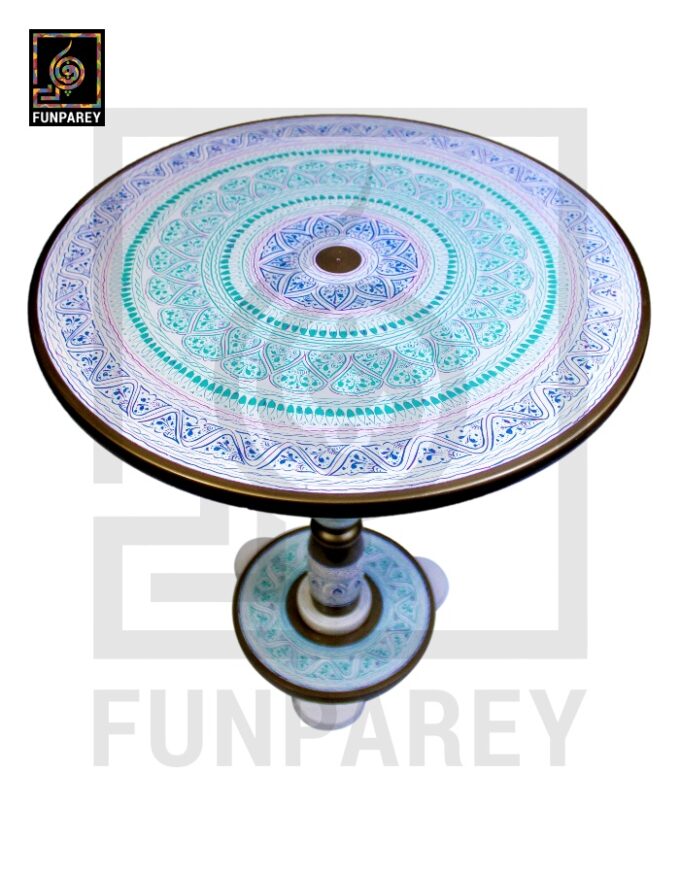 Handmade Wooden Table with White Naqshi Art Blue